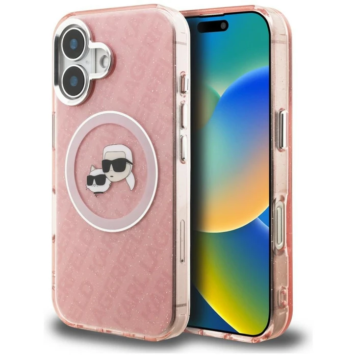 Karl Lagerfeld IML Glitter Karl & Choupette Heads Logo MagSafe Apple iPhone 16 pink