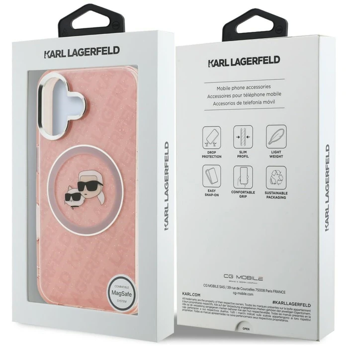 Karl Lagerfeld IML Glitter Karl & Choupette Heads Logo MagSafe Apple iPhone 16 pink