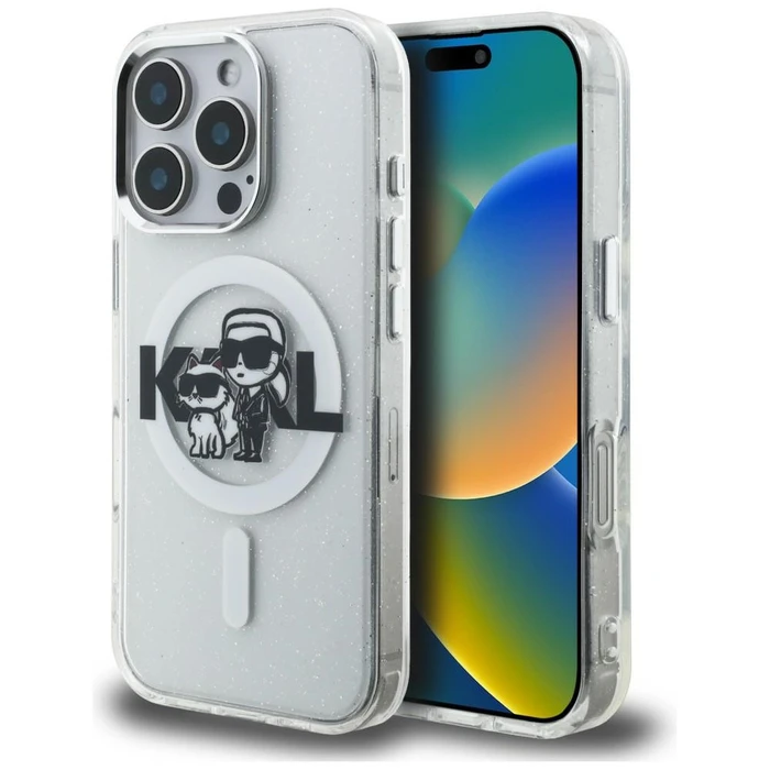 Karl Lagerfeld IML Glitter Karl & Choupette Sketch Logo MagSafe Apple iPhone 16 Pro clear
