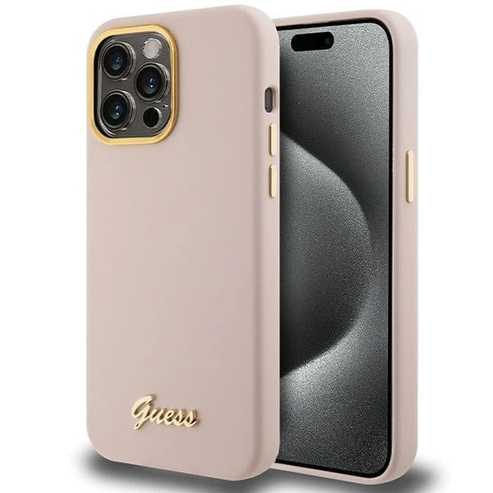 Guess GUHCP15LSMBSLP Apple iPhone 15 Pro hardcase Silicone Script Metal Logo & Frame pink