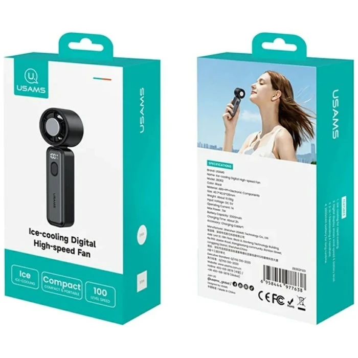 USAMS Ice-Cooling Digital High-Speed 2000mAh Handheld Cooling Fan Black