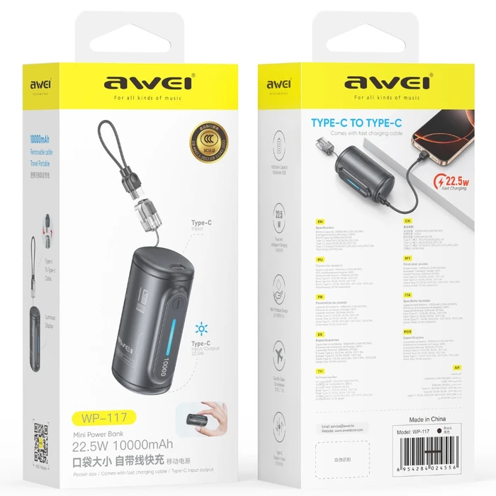 Powerbank AWEI WP-117 10000mAh 22.5W 3C 2xUSB-C black