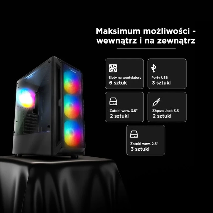 Rampage SHIVA Midi Tower κουτί υπολογιστή με παράθυρο, 4x 120mm Rainbow, μαύρο