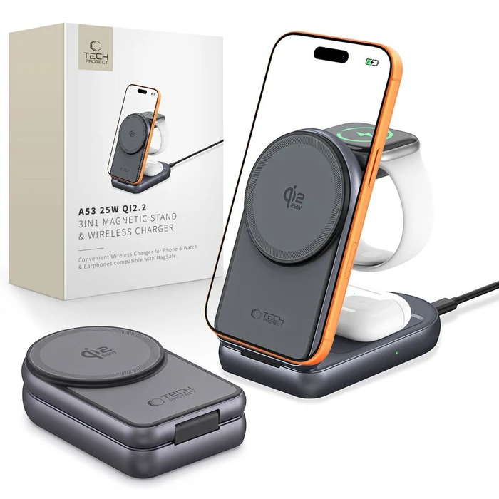 Tech-Protect A53 3in1 Magnetic MagSafe Wireless Charger 25W Qi2.2 Dark Grey