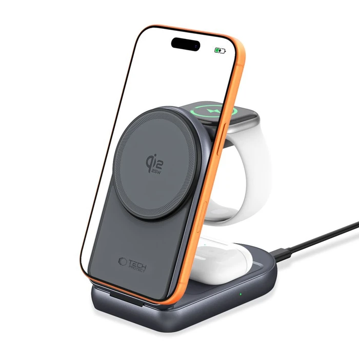 Tech-Protect A53 3in1 Magnetic MagSafe Wireless Charger 25W Qi2.2 Dark Grey