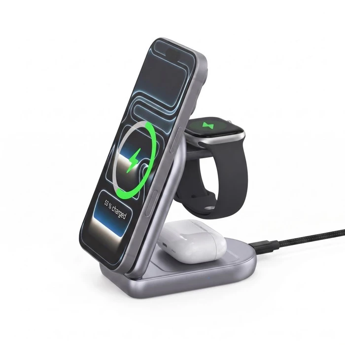 Tech-Protect A53 3in1 Magnetic MagSafe Wireless Charger 25W Qi2.2 Dark Grey