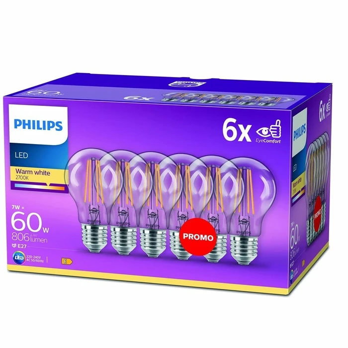 Λάμπα LED Philips Bombilla Διαφανές E 60W (2700k)