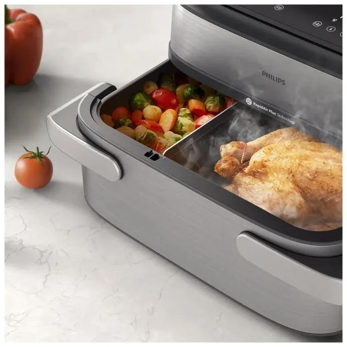 Philips Ovi Dual 5000 Ultra Megabasket NA565/02 Airfryer 9.5L (Megabasket 10L) — Ασημί