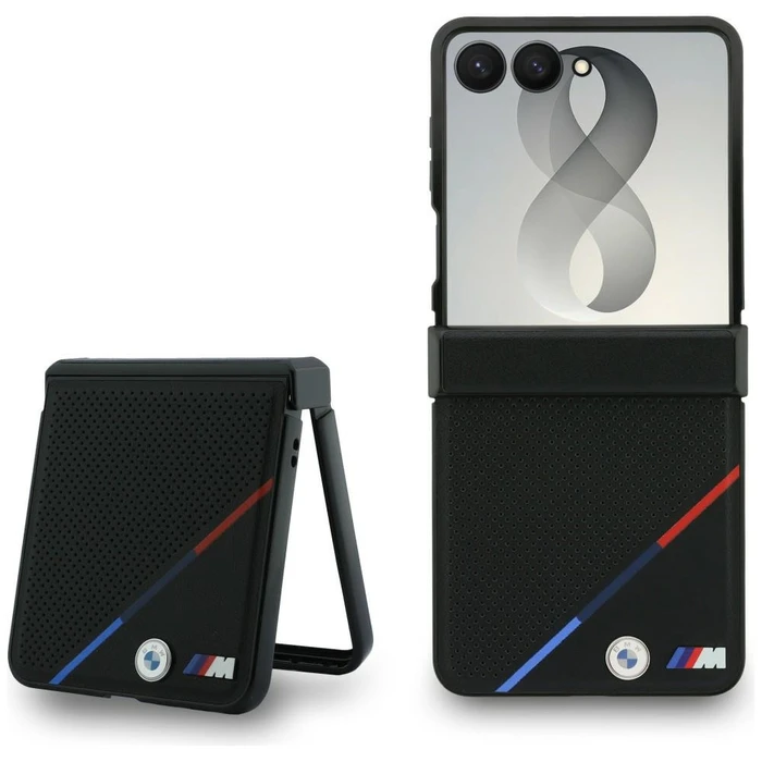 BMW M Leather Perforated Tricolor Stripe Metal Logos MagSafe Samsung Galaxy Z Flip8 black