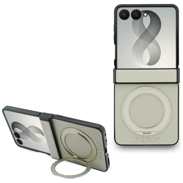 Guess Magnetic Ring Stand Grained Classic Logo MagSafe Samsung Galaxy Z Flip8 beige