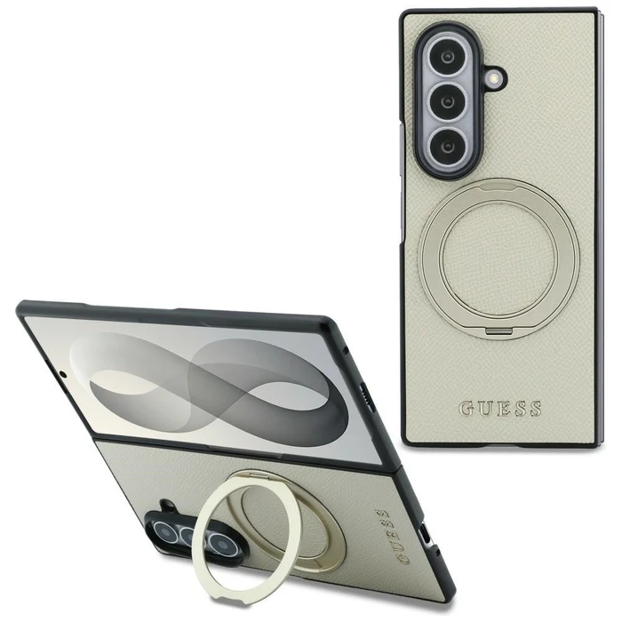 Guess Magnetic Ring Stand Grained Classic Logo MagSafe Samsung Galaxy Z Fold8 Ultra beige
