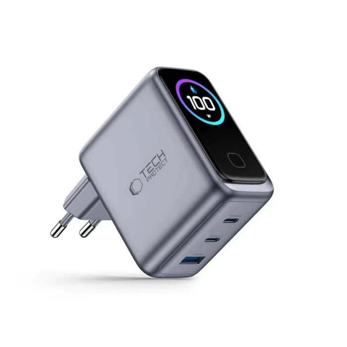 Tech-Protect PowerVision NC100W-GaN USB-A, 2xUSB-C Network Charger PD 100W / QC3.0 Dark Grey