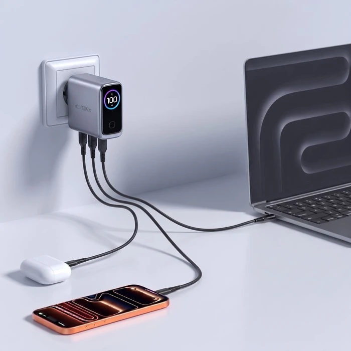 Tech-Protect PowerVision NC100W-GaN USB-A, 2xUSB-C Network Charger PD 100W / QC3.0 Dark Grey