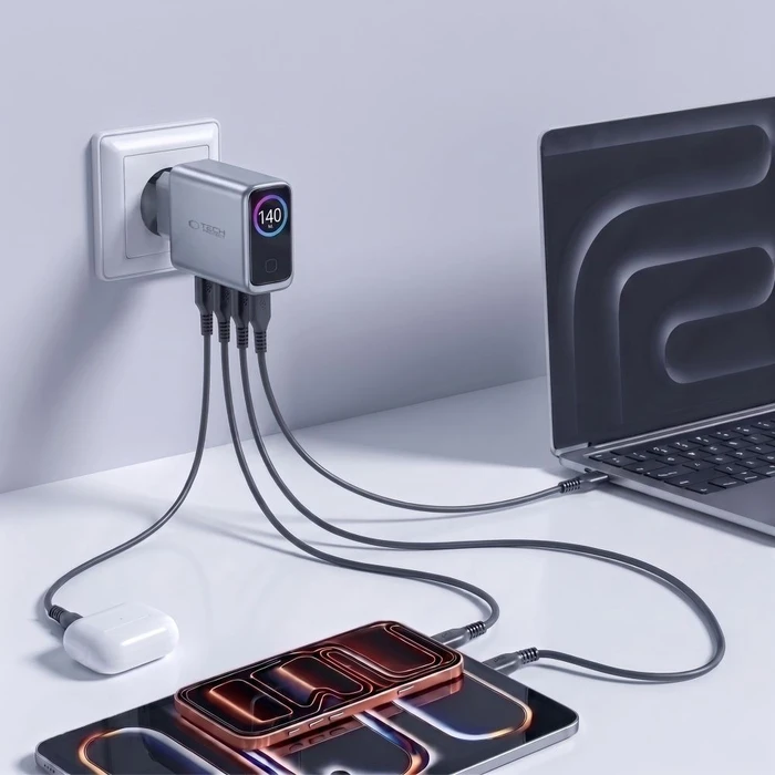 Tech-Protect PowerVision NC140W-GaN USB-A, 3xUSB-C Network Charger PD 140W / QC3.0 Dark Grey