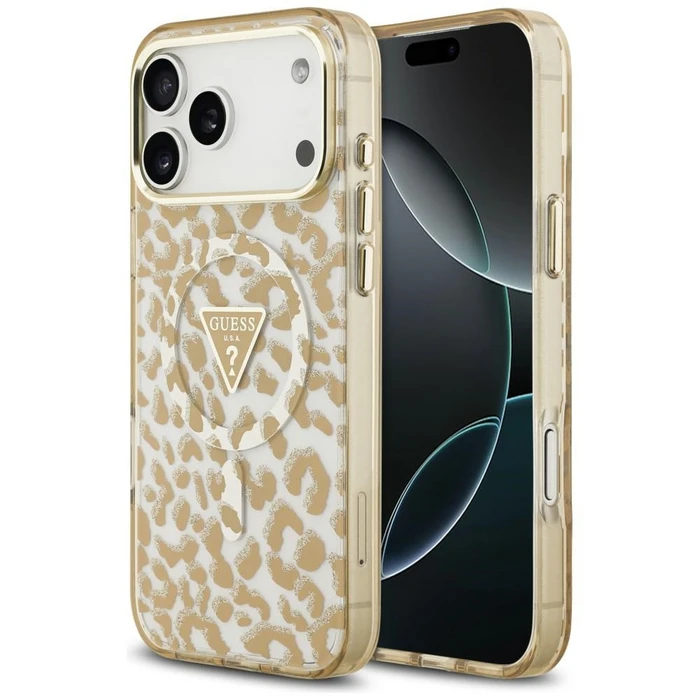 Guess IML Leopard Glitter Triangle Logo MagSafe Apple iPhone 18 Pro / 17 Pro brown