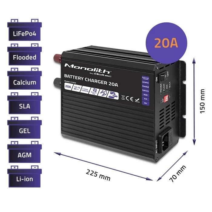 Φορτιστής Μπαταρίας Qoltec for LiFePO4 AGM GEL SLA batteries, 20A