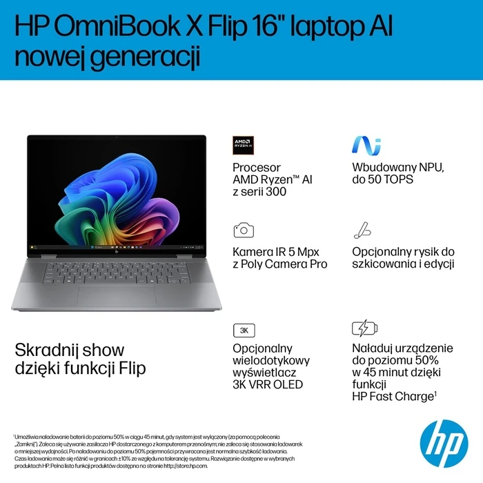 HP Laptops HP OmniBook X Flip 16 Ryzen AI 5 340 16 0 2K Touch OLED 16GB 1TB Win11 Meteor Silver 2Y