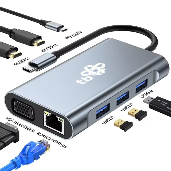 Docking Station Tb 8in1 Usb C Hdmi X2 Usb Vga Rj45 Pd