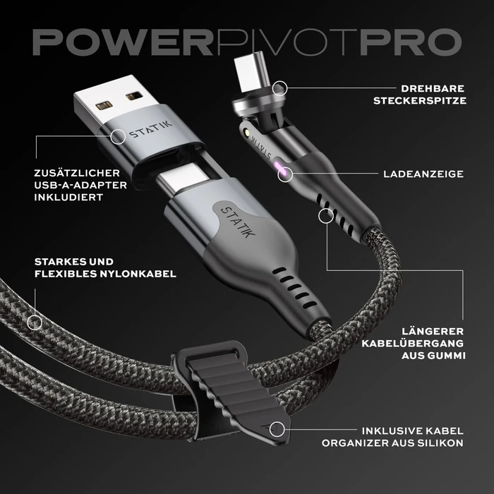 STATIK PowerPivot Pro Braided Rotating USB-C Cable 1m — Black