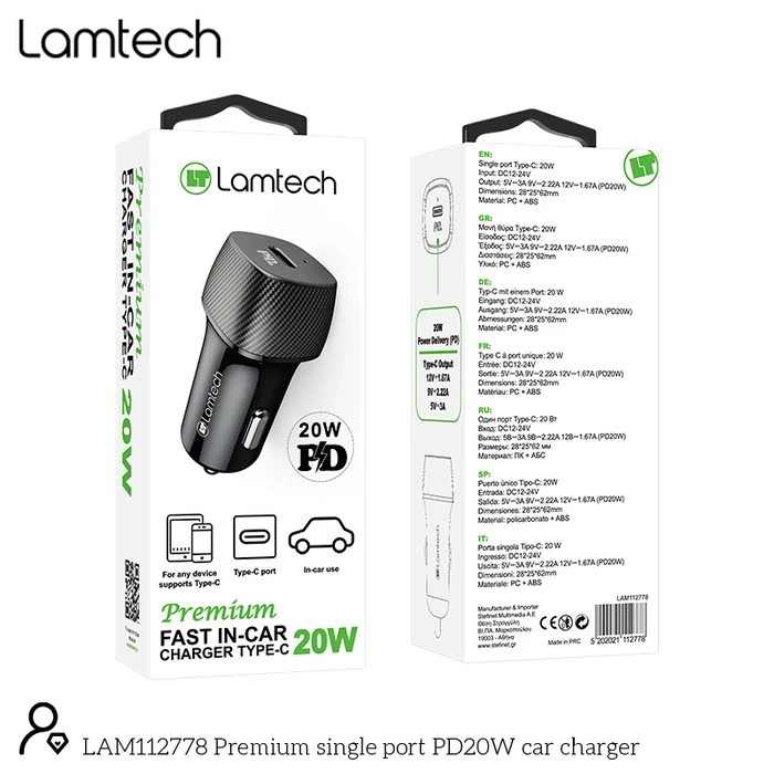 Φορτιστής Αυτοκινήτου Lamtech PREMIUM FAST IN-Type-C PD20W Black