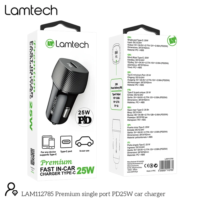 Φορτιστής Αυτοκινήτου Lamtech PREMIUM FAST IN-Type-C PD25W Black