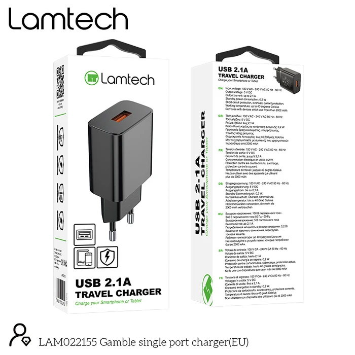 Φορτιστής Πρίζας Lamtech USB Travel Charger 2,1A Black