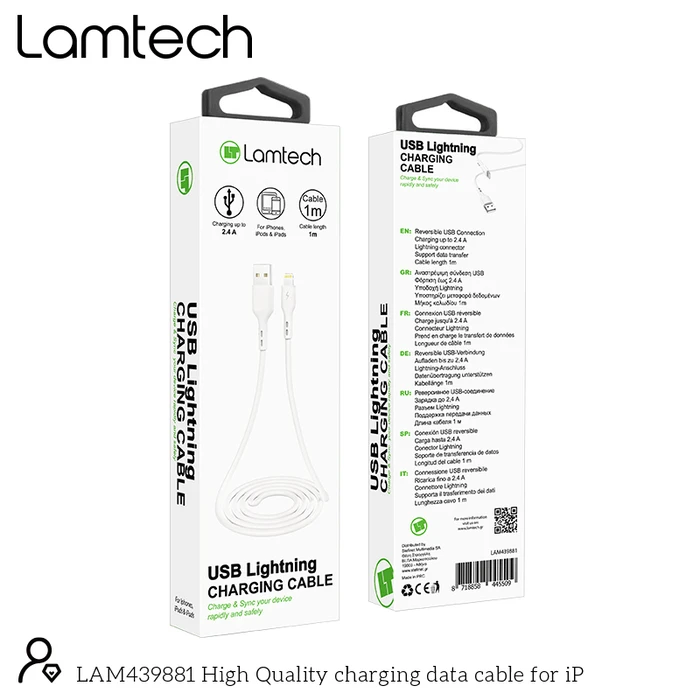 Καλώδια USB Lamtech Charging & Data Lightning 1m White