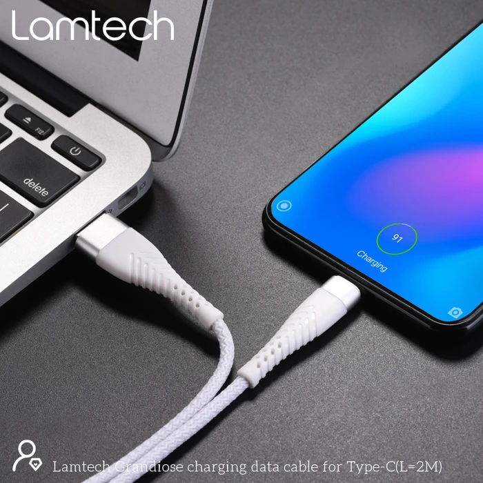 Καλώδιo USB Lamtech Type-C V2,0 HIGH QUALITY UNBREAKABLE SILVER 2M