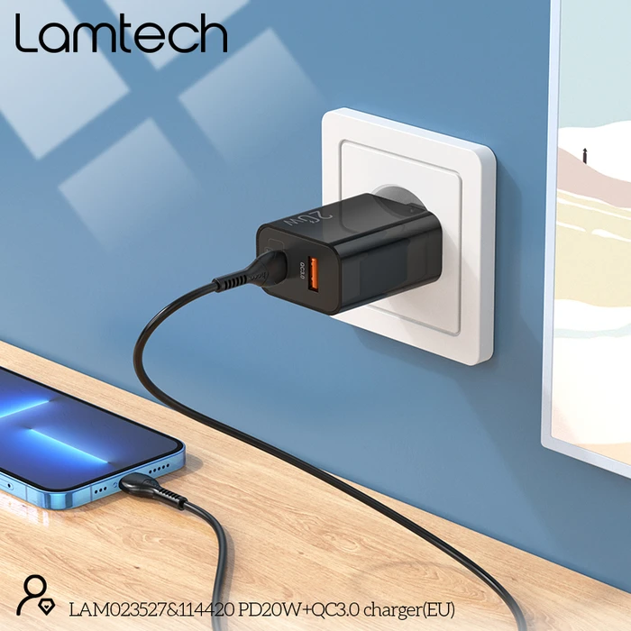 Φορτιστής Πρίζας Lamtech USB Qc3.0/Type-C 20w Black