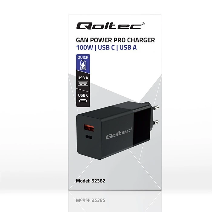 Φορτιστής Πρίζας Qoltec Gan Power Pro 1xusb C, 1xusb, 100w