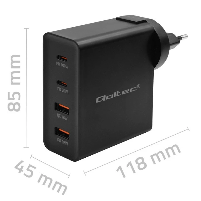 Φορτιστής Πρίζας Qoltec Gan Power Pro 2xusb C, 2xusb, 130w