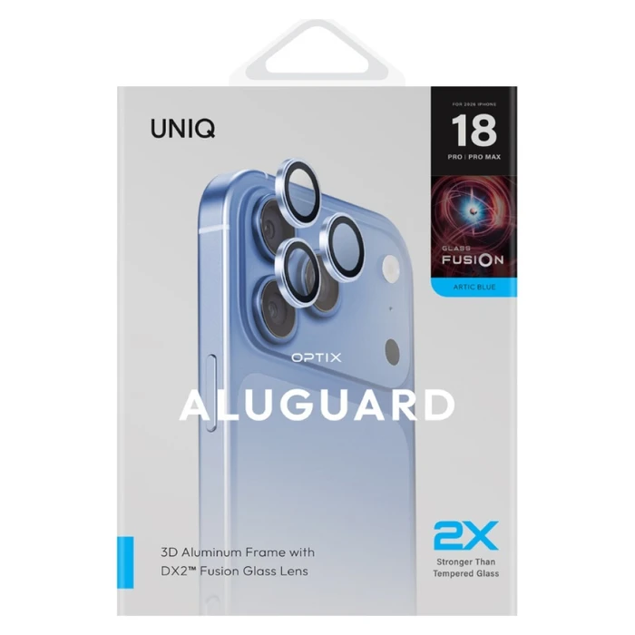UNIQ Optix Aluguard (DX2) Camera Lens Protector Apple iPhone 18 Pro / iPhone 18 Pro Max blue with an applicator