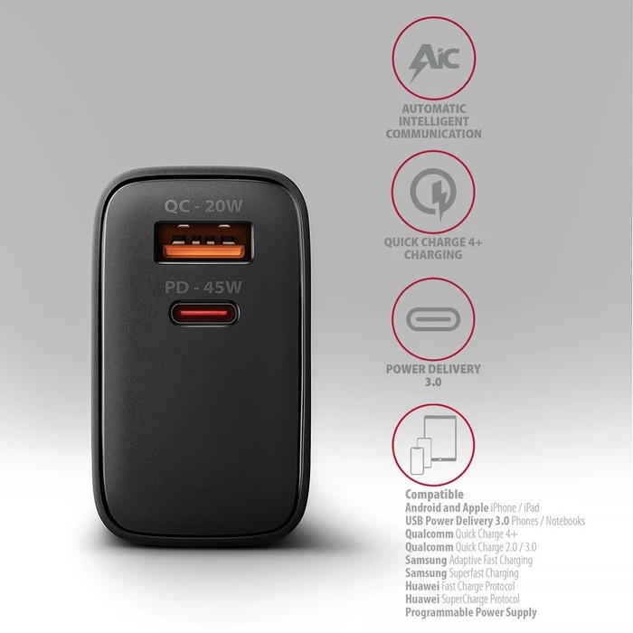 Φορτιστής Πρίζας Axagon Acu-Pq45 Pd&Qc 2-Port 45w Black