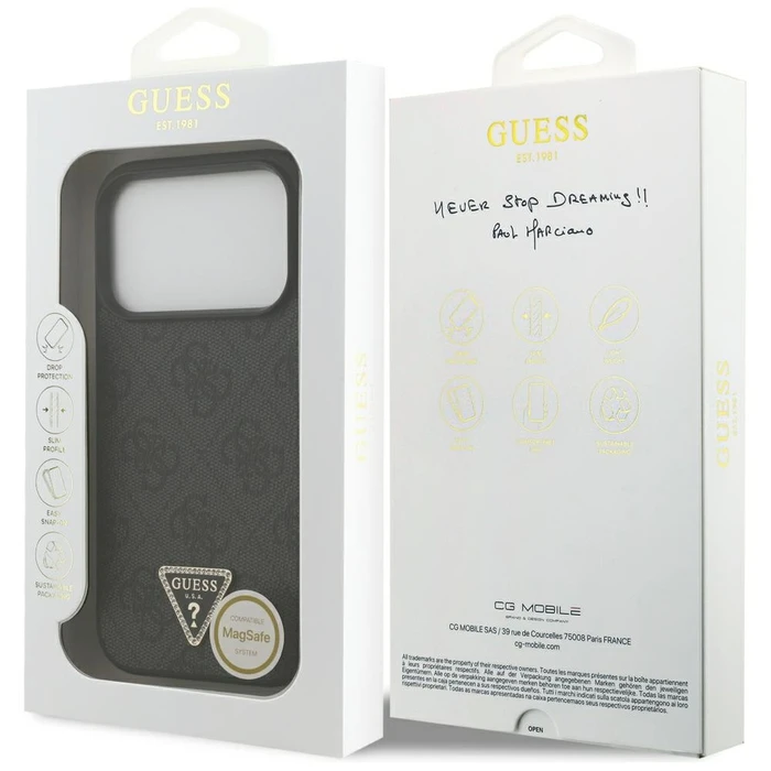 Guess Leather 4G Triangle Strass MagSafe Apple iPhone 18 Pro / 17 Pro black