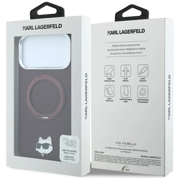 Karl Lagerfeld with Ring Stand 360 Choupette Head Pin MagSafe Apple iPhone 18 Pro / 17 Pro burgundy