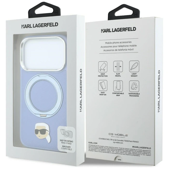 Karl Lagerfeld with Ring Stand 360 Karl Head Pin MagSafe Apple iPhone 18 Pro / 17 Pro light blue