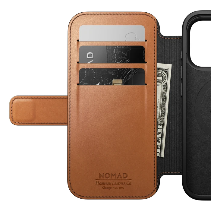 NOMAD Modern Leather Folio Apple iPhone 18 Pro / 17 Pro MagSafe, Horween leather (saddle)