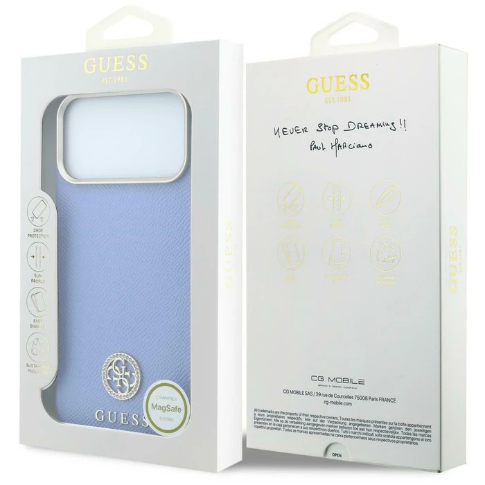 Guess Grained Round Strass Logo MagSafe Apple iPhone 18 Pro / 17 Pro blue
