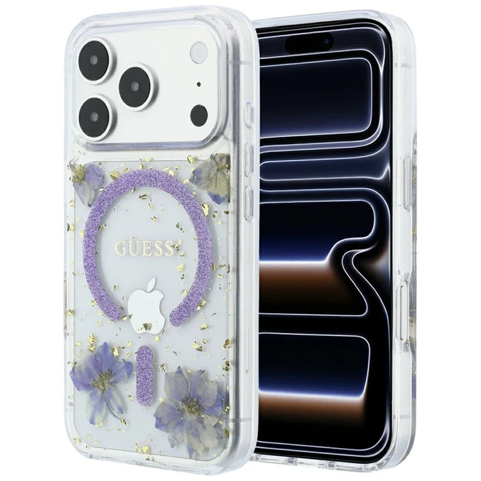 Guess Resin Flowers Glitter MagSafe Apple iPhone 18 Pro Max / 17 Pro Max purple