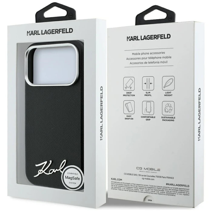 Karl Lagerfeld Saffiano Small Script Metal Logo MagSafe Apple iPhone 18 Pro / 17 Pro black