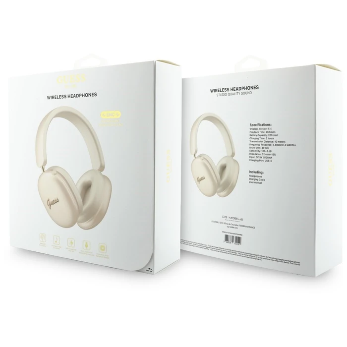 Guess Metallic Effect Metal Script Logo Bluetooth ENC Over-Ear Headphones Beige