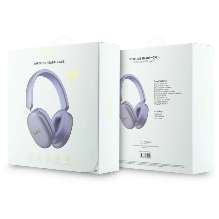 Guess Metallic Effect Metal Script Logo Bluetooth ENC Over-Ear Headphones Purple