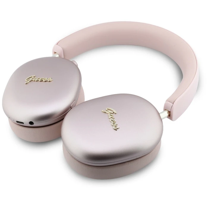 Guess Metallic Effect Metal Script Logo Bluetooth ENC Over-Ear Headphones Pink