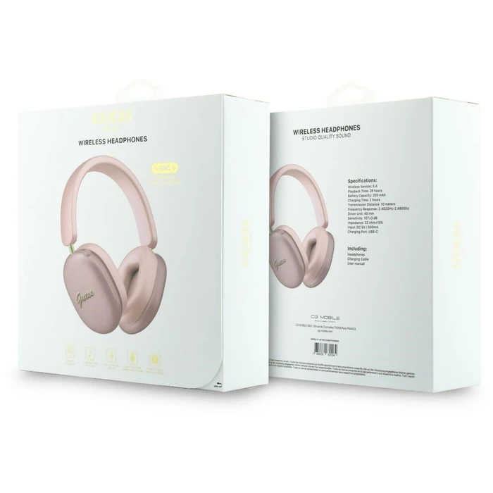 Guess Metallic Effect Metal Script Logo Bluetooth ENC Over-Ear Headphones Pink