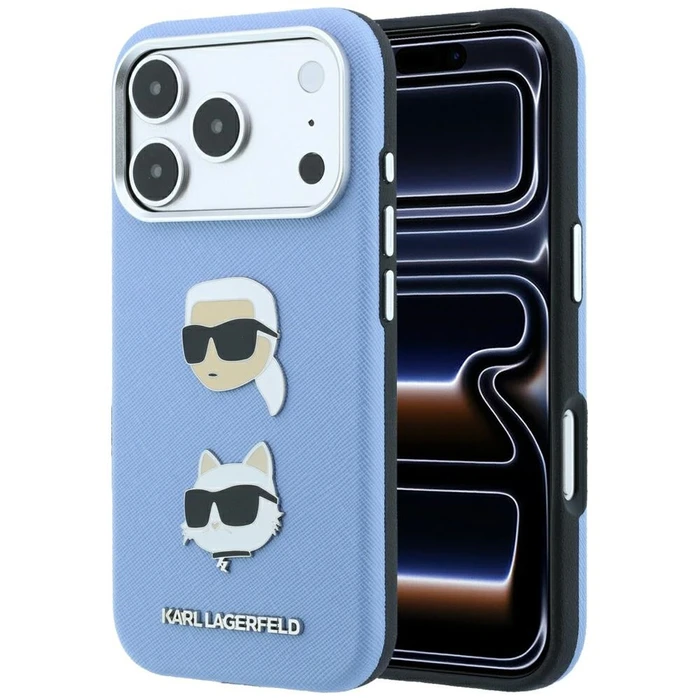 Karl Lagerfeld Saffiano with Karl & Choupette Heads Pins & Logo Apple iPhone 18 Pro / 17 Pro light blue