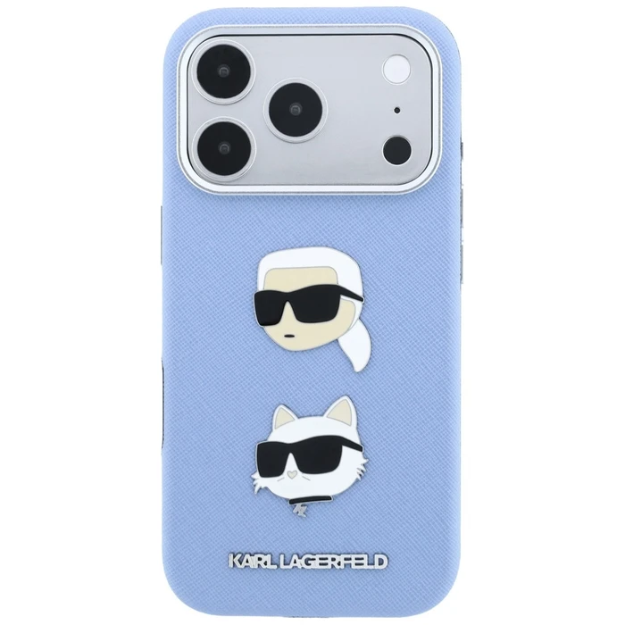 Karl Lagerfeld Saffiano with Karl & Choupette Heads Pins & Logo Apple iPhone 18 Pro / 17 Pro light blue