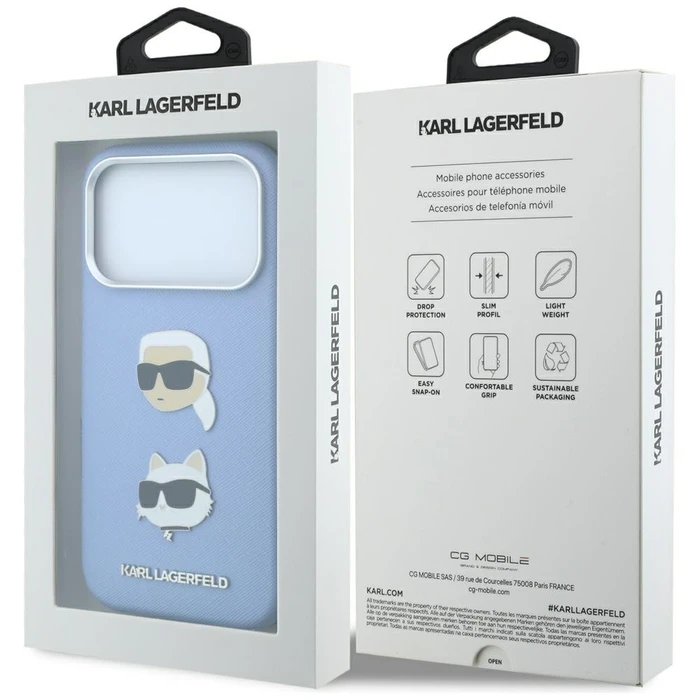 Karl Lagerfeld Saffiano with Karl & Choupette Heads Pins & Logo Apple iPhone 18 Pro / 17 Pro light blue