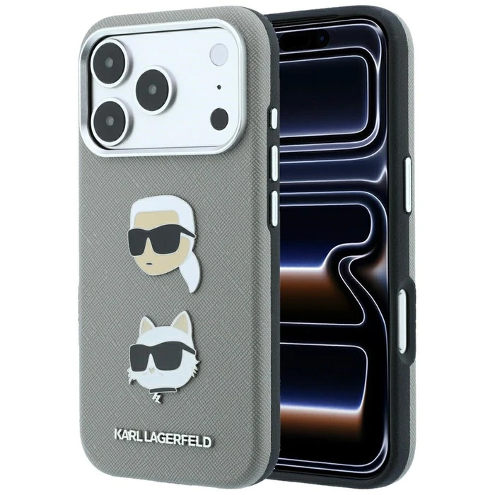 Karl Lagerfeld Saffiano with Karl & Choupette Heads Pins & Logo Apple iPhone 18 Pro / 17 Pro grey
