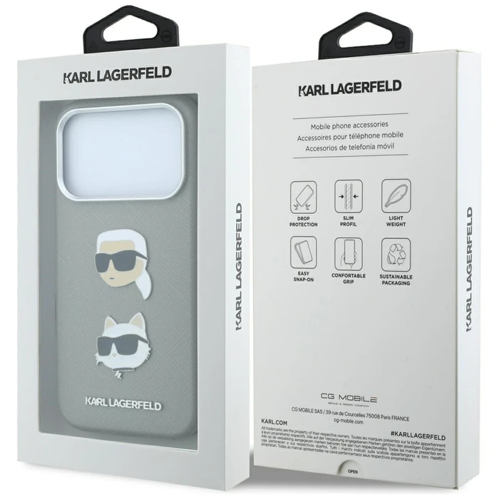 Karl Lagerfeld Saffiano with Karl & Choupette Heads Pins & Logo Apple iPhone 18 Pro / 17 Pro grey