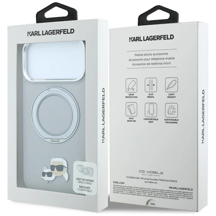 Karl Lagerfeld with Ring Stand 360 Karl & Choupette Heads Pin MagSafe Apple iPhone 18 Pro / 17 Pro grey